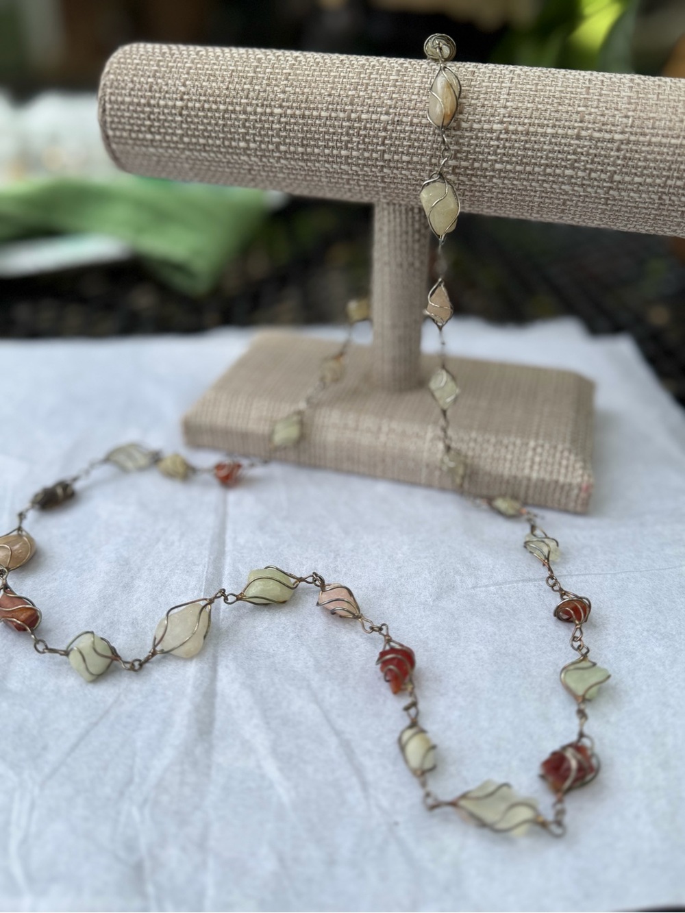 Delicate Wire-Wrapped Multi-Stone Long Necklace in Cream & Rust